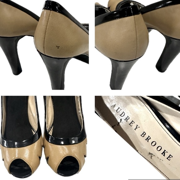 👠🖤 AUDREY BROOKE Tan Black Patent Leather Peep Toe Platform Heels Sz 8.5M 2000s - Picture 3 of 5